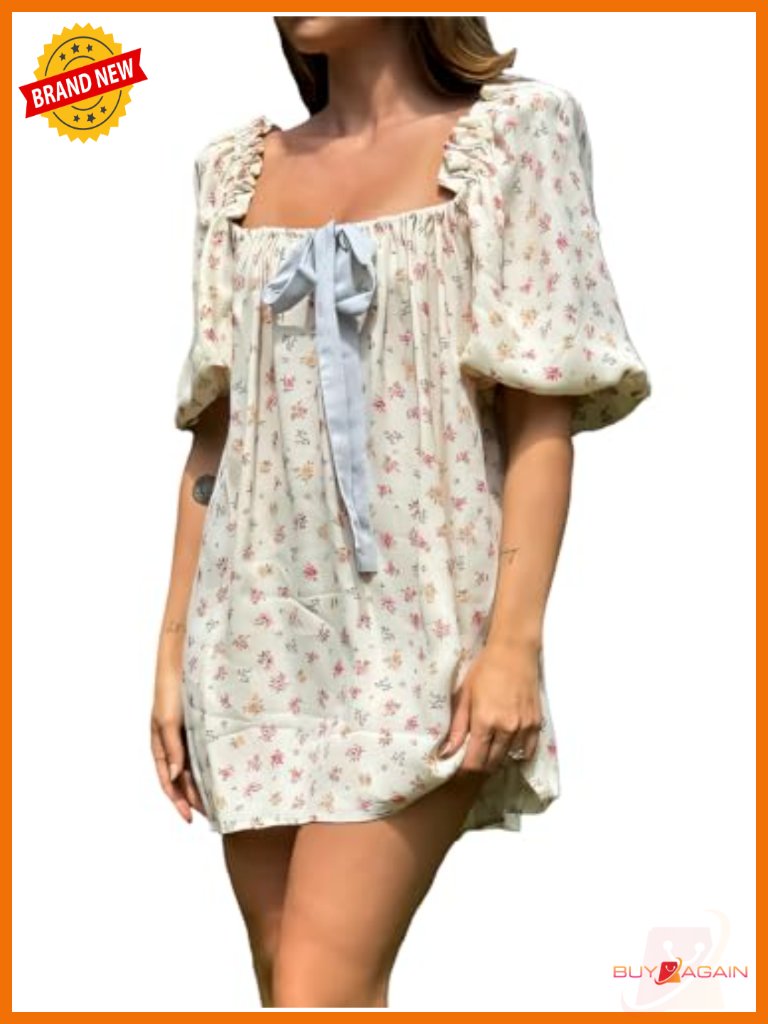 Puff Sleeve Babydoll Mini Dress Floral Sundress Tie Keyhole